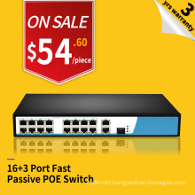 9.2G bandwidth 100M 16 ports POE and 3 uplink ethernet switch 24v passive poe injector switch